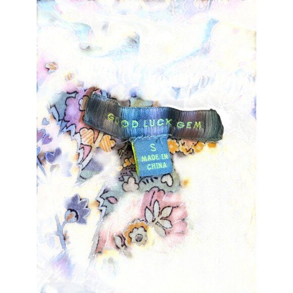 Good Luck Gem Floral Ruffled Blouse 100% Cotton Short Puff Sleeves Boho Chic - Picture 4 of 10